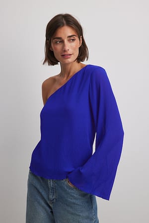 Blue Plisseret bluse i stor størrelse med én skulder