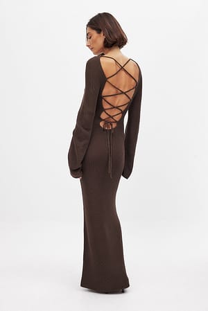 Brown Open Back Lace Detail Knitted Maxi Dress