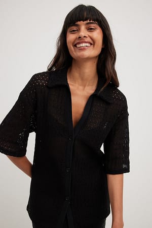 Black Camicia oversize con colletto in maglia all'uncinetto
