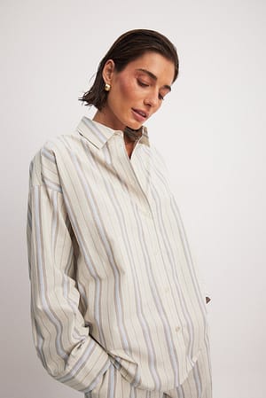 Beige Blue Stripe Oversize-Hemd aus schwerer Baumwolle