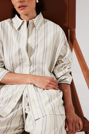 Beige Blue Stripe Oversized skjorte i kraftig bomull