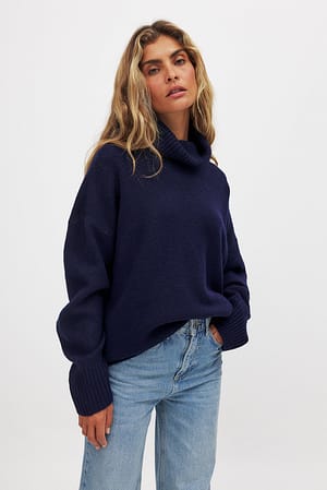 Navy Oversized Knitted Turtle Neck Sweater