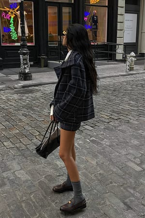 Navy Check Checked Oversized Short Jacket