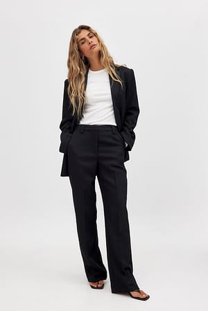 Black Straight Mid Waist Twill Suit Pants