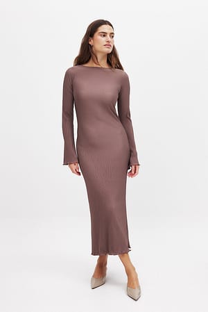 Brown Pleated Midi Dress