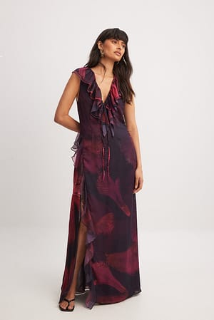 Abstract Print Sheer Printed High Slit Maxi Dress