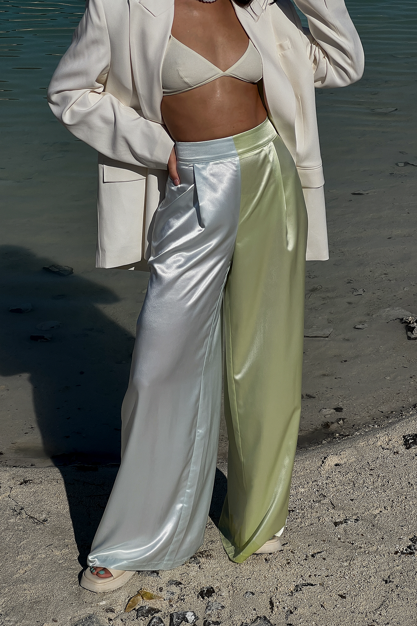 High Waist Flowy Satin Suit Pants Beige | NA-KD