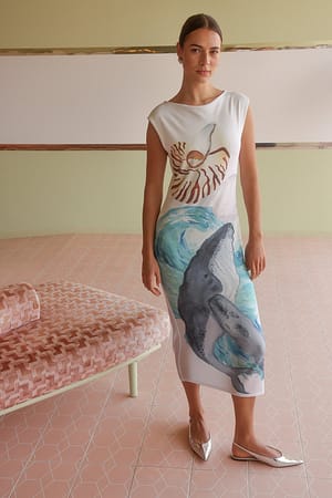 Blue Wave Print Printed Jersey Maxi Dress