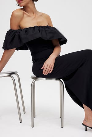 Black Puff Off Shoulder Midi Dress