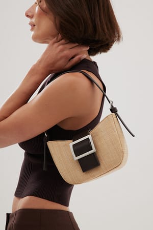 Brown/Beige Raffia Buckle Detail Handbag