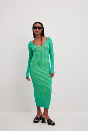 Green/Blue Rib Knitted Halterneck Midi Dress