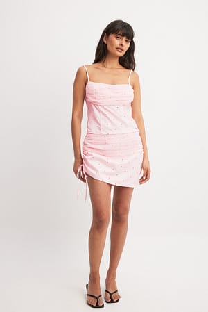 Pink Dot Print Ruched Detail Drawstring Skirt