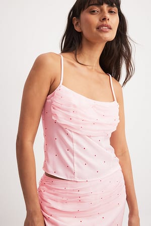 Pink Dot Print Camisola com Pormenor de Folhos