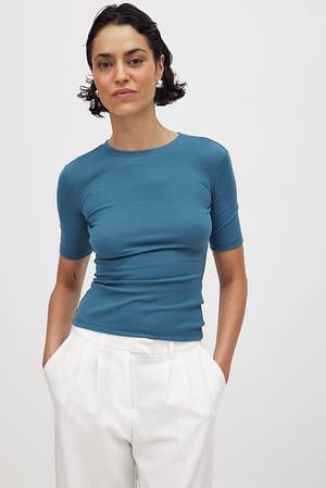 Blue Round Neck Ribbed Top