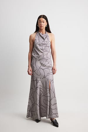 Grey Print Satin Asymmetric Seam Detail Maxi Skirt