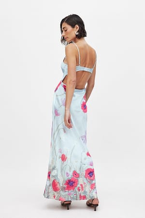 Blue Flower Print Satin Low Back Maxi Dress