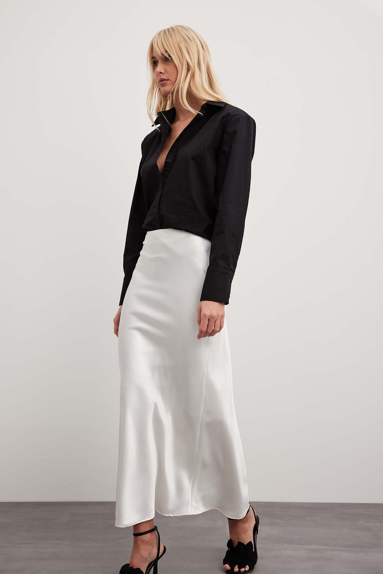 Silk satin midi skirt white sale