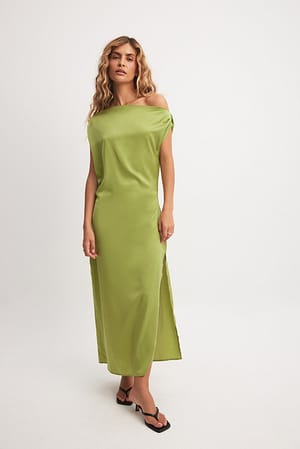 Olive Green Satin One Shoulder Midi Dress