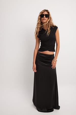 Black Satin Waist Detail Midi Skirt