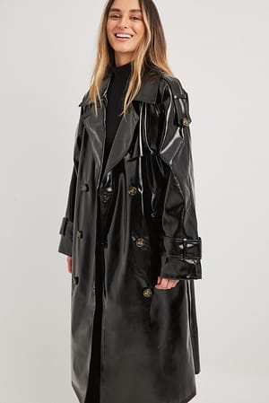 Black Shiny PU Belted Trench Coat