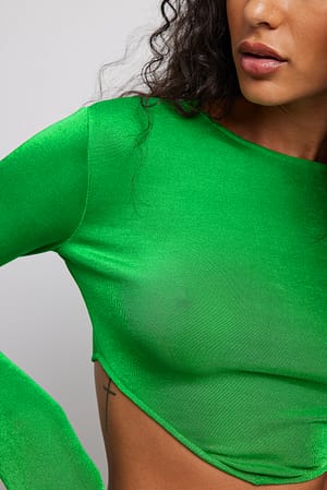 Green Top de tejido brillante de manga larga y escote redondo