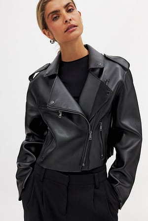 Black Veste de motard courte en faux cuir