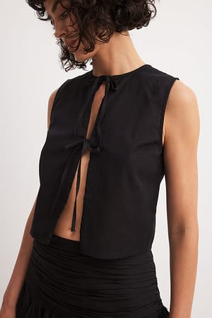 Black Sleeveless Tie Detail Linen Blend Top