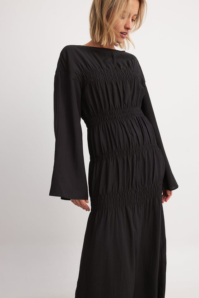 Black Smock Detail Long Sleeve Maxi Dress
