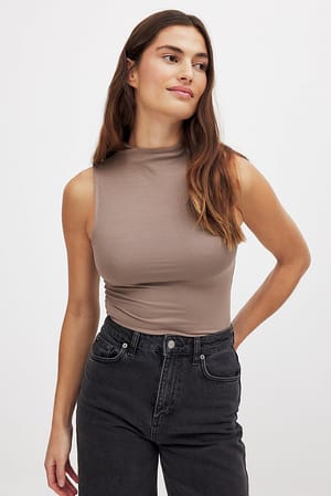 Taupe Soft Line Funnel Neck Top