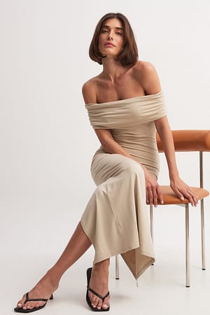 Beige Soft Line Off Shoulder Midi Dress