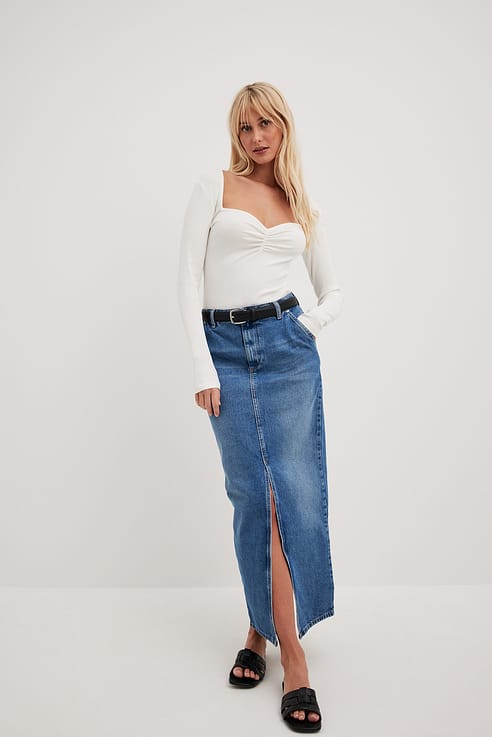 Slit Detailed Maxi Denim Skirt Blue | NA-KD