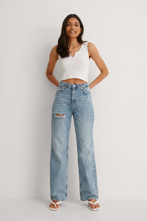 Acid Wash Wide Leg Destroyed Jeans Blue | na-kd.com