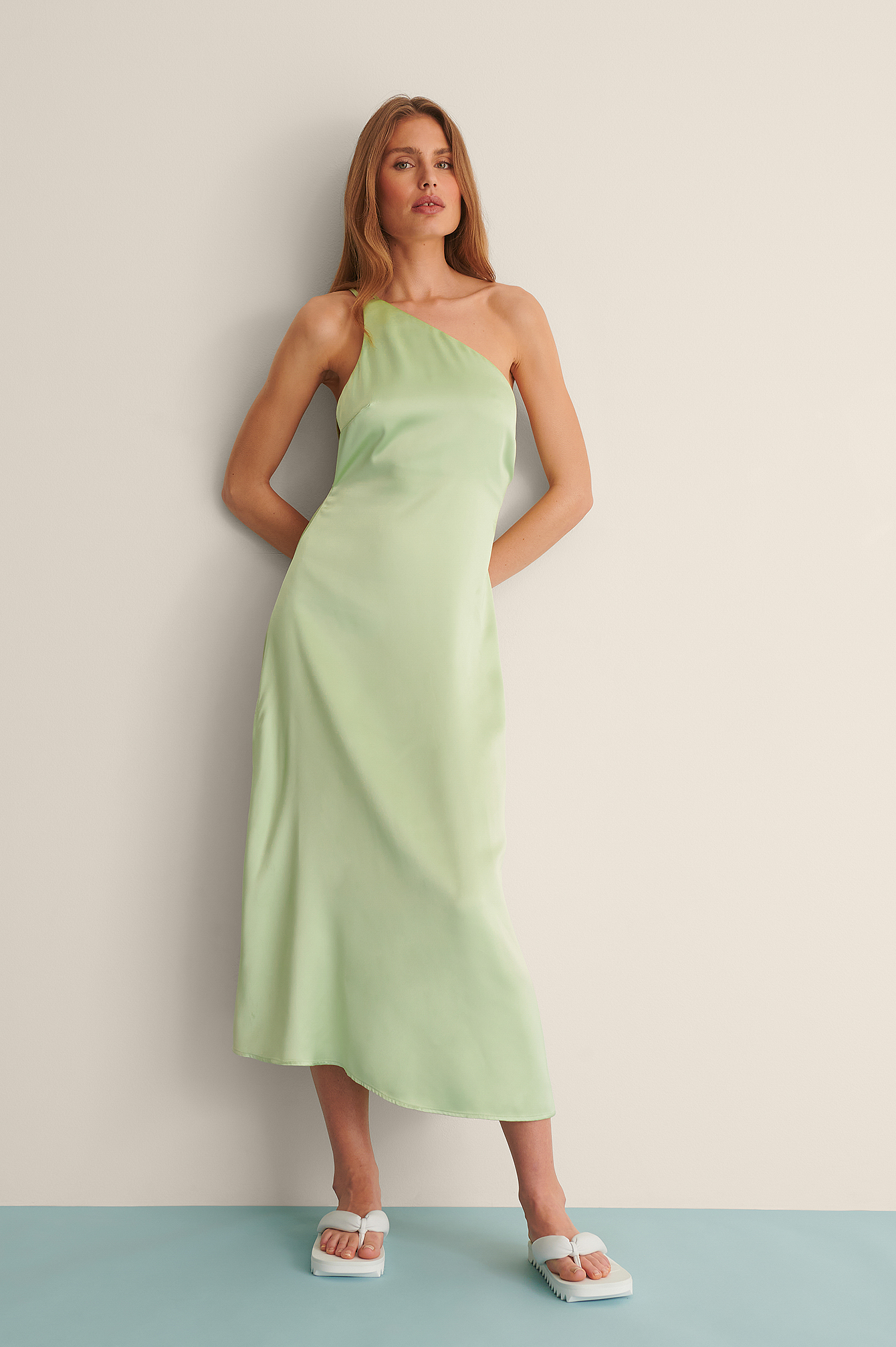 green satin dress one shoulder