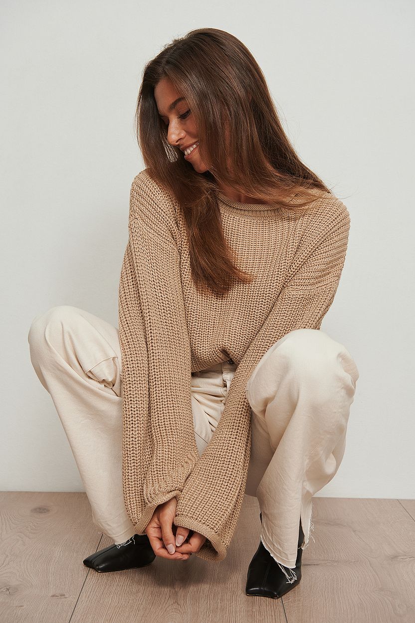 Cropped Boat Neck Knitted Sweater Beige Na Kd 4365