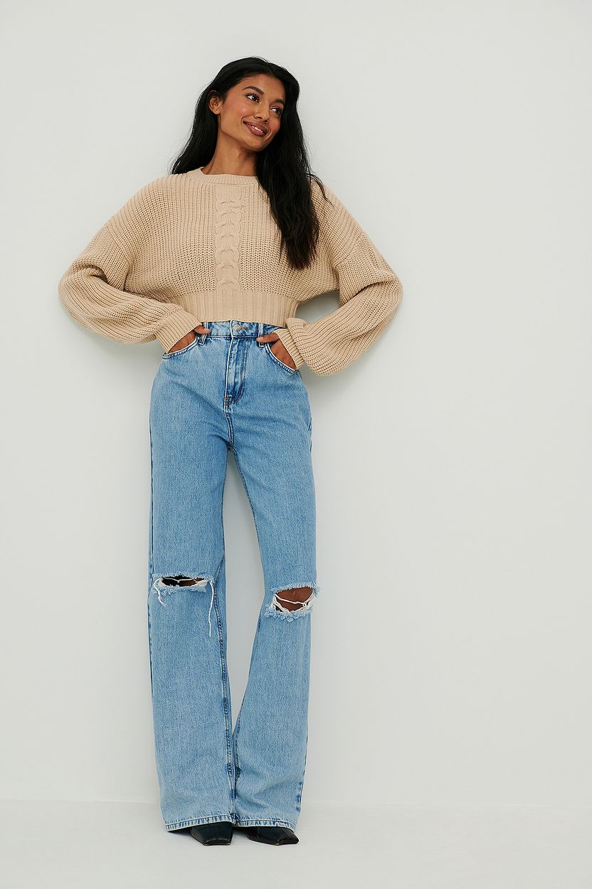 Cropped Cable Knit Sweater Beige | na-kd.com