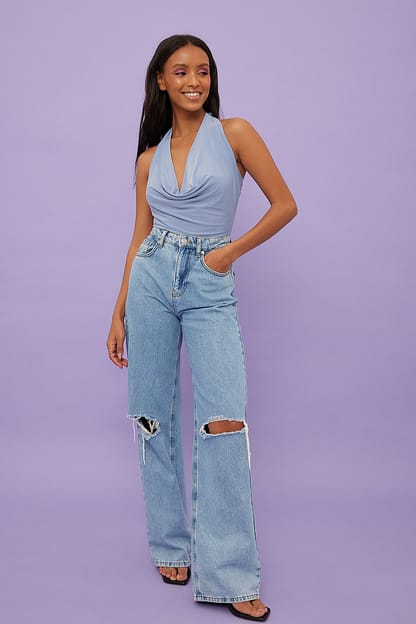 Acid Wash Wide Leg Destroyed Jeans Blue | na-kd.com