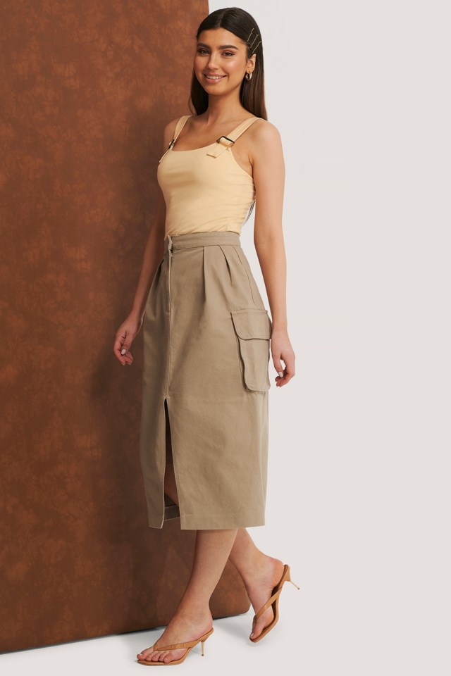 Organic Front Slit Cargo Midi Skirt Brown | na-kd.com