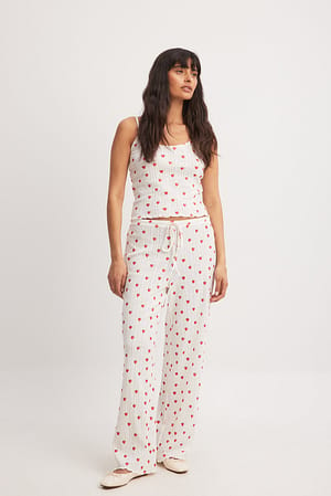 White/Print Strawberry Printed Mid Waist Trousers