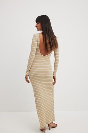 Light Beige/ Off White Stripe Deep Back Maxi Dress