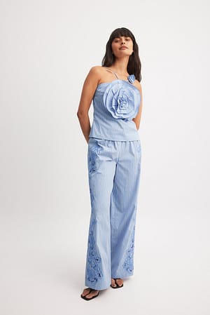 Blue Stripe Pantaloni a righe con coulisse e ricami