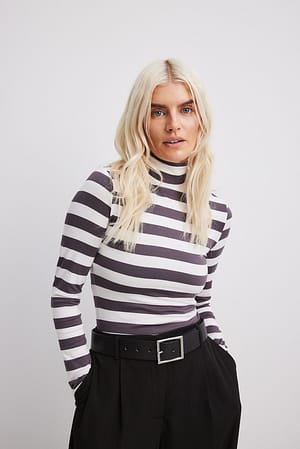 White/Grey Striped Long Sleeved Turtle Neck Top