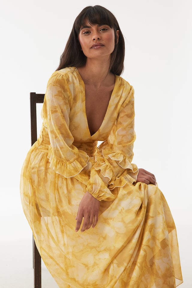 Print Structured Chiffon Wide Sleeve Maxi Dress