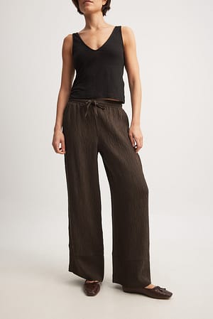 Brown Structured Elastic Waist Trousers