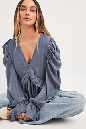Blue Grey Structured Ruffle Detail Tie Sleeve Blouse