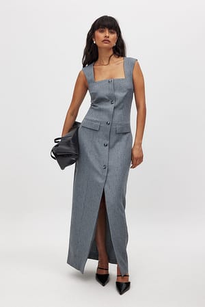 Blue Grey Tailored Square Neck Midi Dress