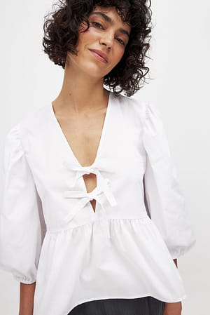 White Tie Front Puff Sleeve Blouse