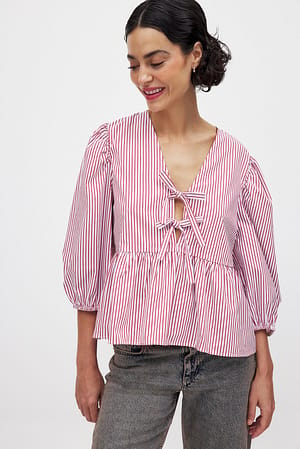 Red Stripe Tie Front Puff Sleeve Blouse