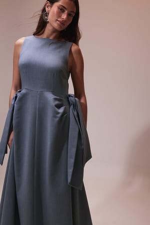Blue Grey Tie Waist Detail Midi Dress