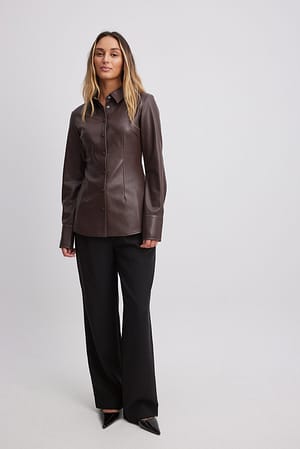 Brown Tight Fit Button Up PU Shirt