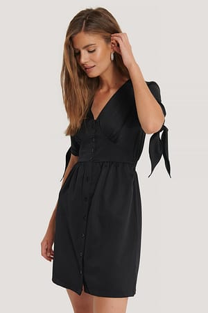 Black Satin Buttoned Detail Mini Dress
